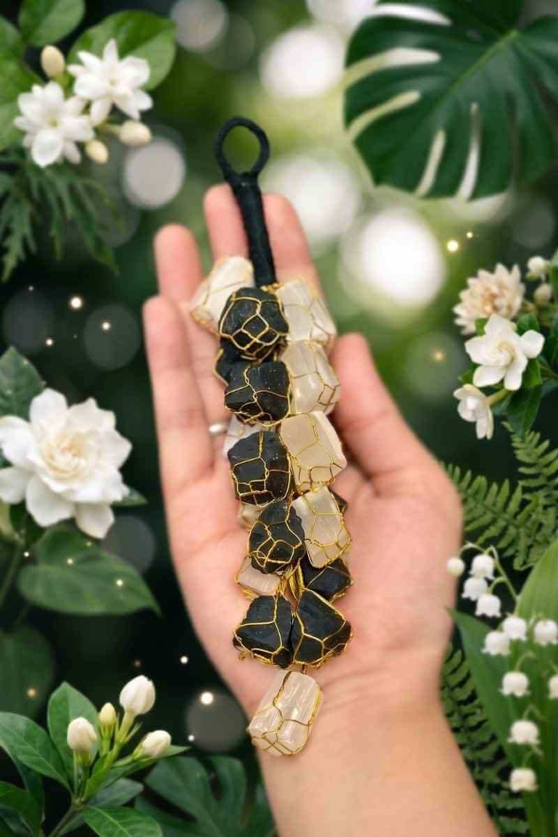 Black Tourmaline and Selenite Crystal Door Hanging Nazar Battu, Protection Charm for Home Entrance, Door Hanger to Remove Negative Energy, Door Hanging for Vastu & Feng Shui Balance