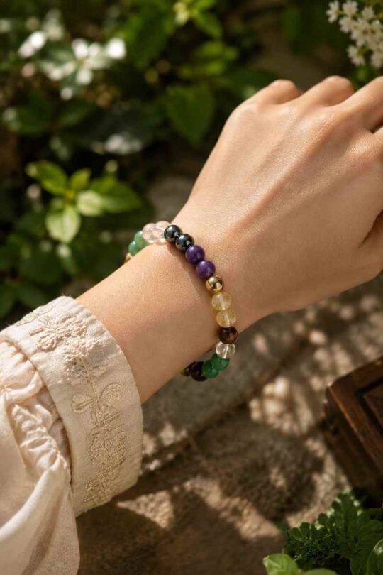 Original Money Magnet Bracelet Worn on a Female Wrist Made with 8 Powerful Crystals